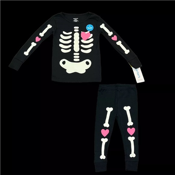 Carters Black/Pink Halloween Heart Skeleton 2 Piece Pajamas Set | NEW/NWT!! ☠️🩷 - Picture 2 of 13